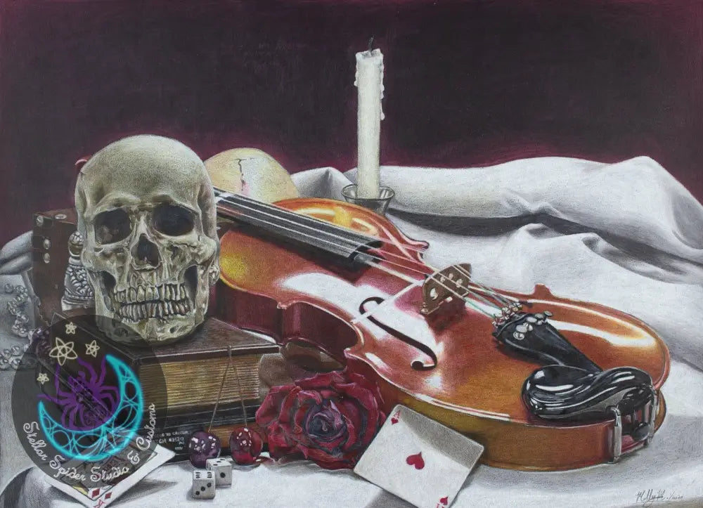 Viola with skull and antiques Still life (Signed) Print
